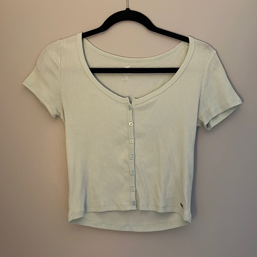 Hollister Mint Green Button Down Ribbed Baby Tee Blouse (Small)
